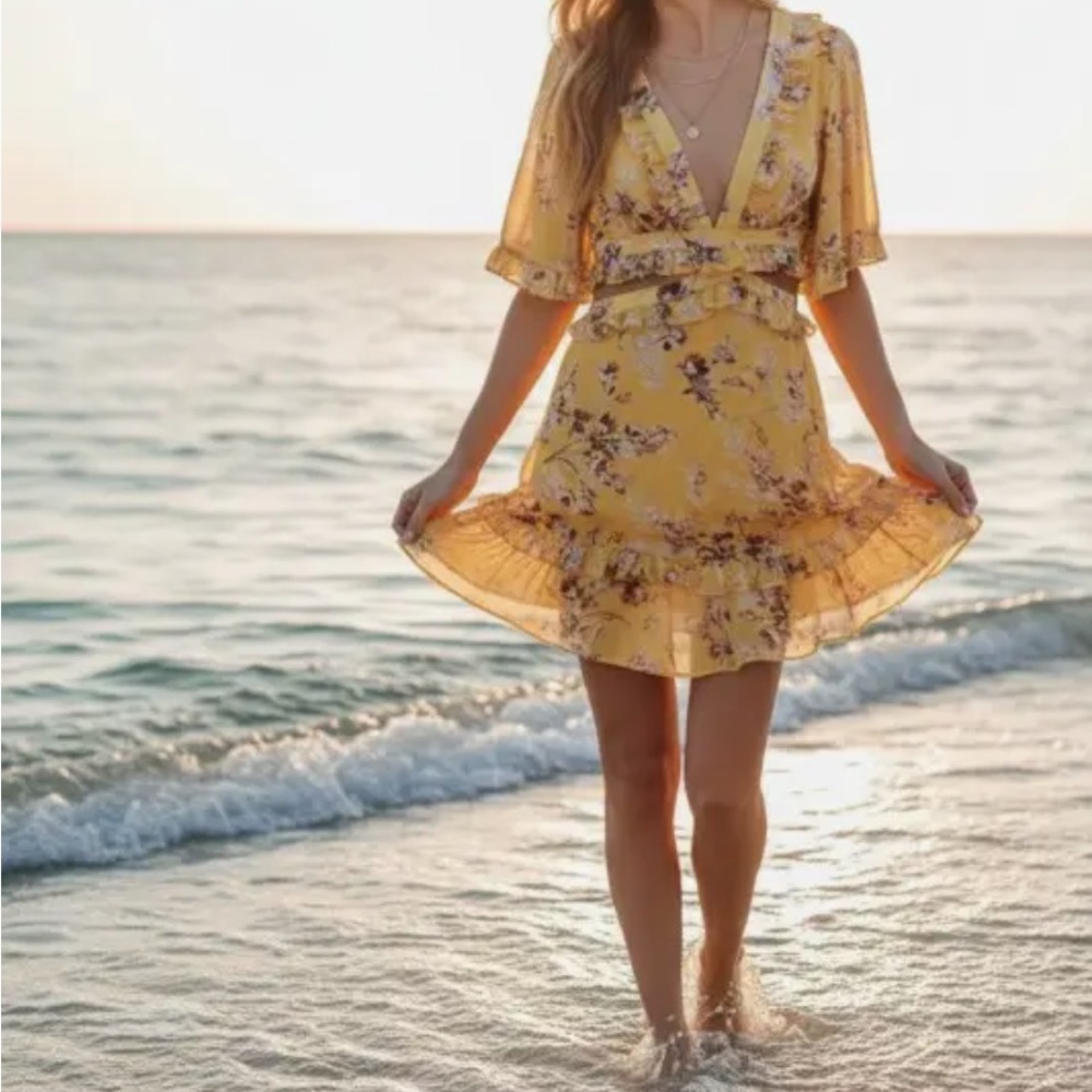 1103.  Yellow Floral V-Neck Ruffle Mini Dress With Cut Outs